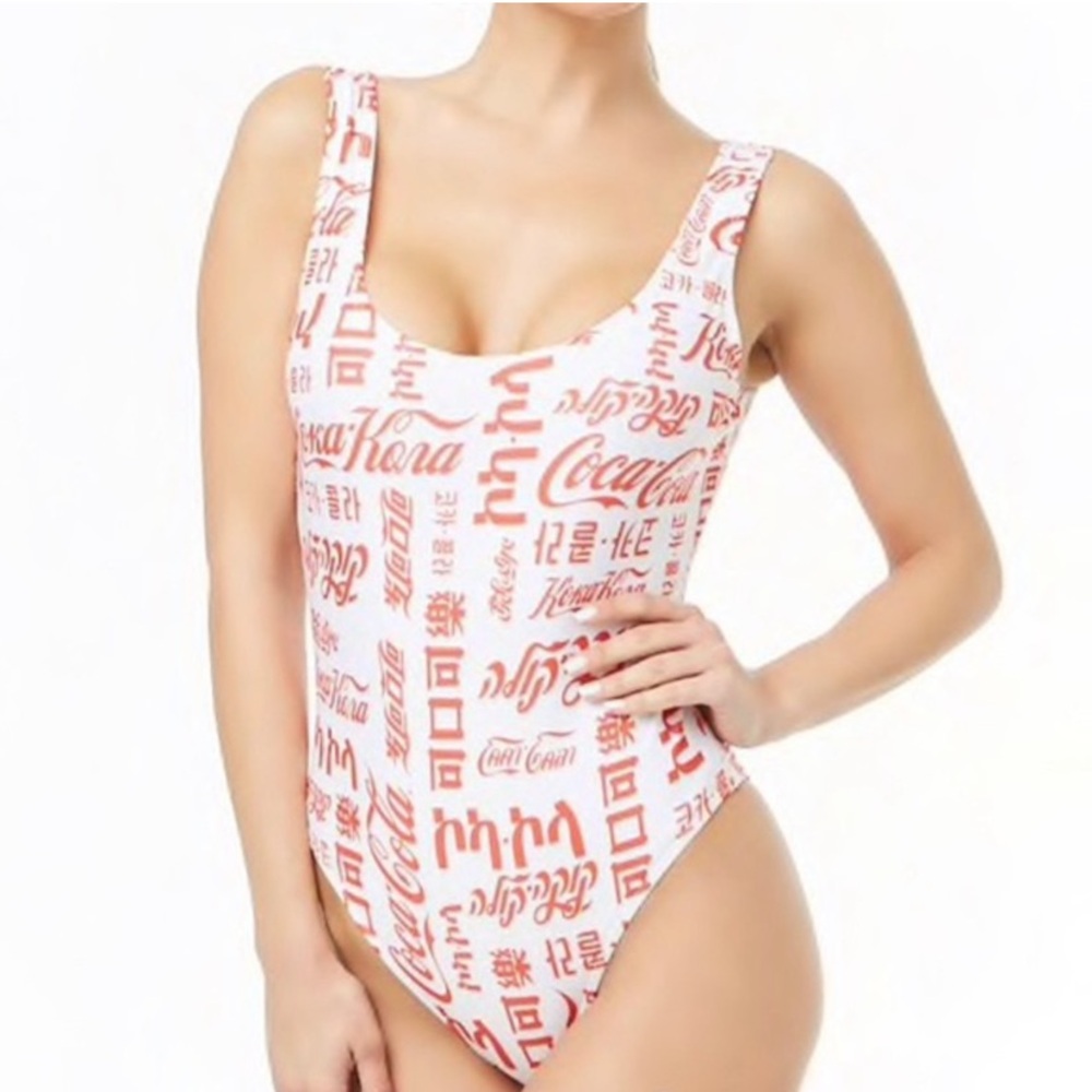 Forever 21 Coca Cola International Logo One Piece High Cut Swimsuit Size Small - Picture 1 of 7